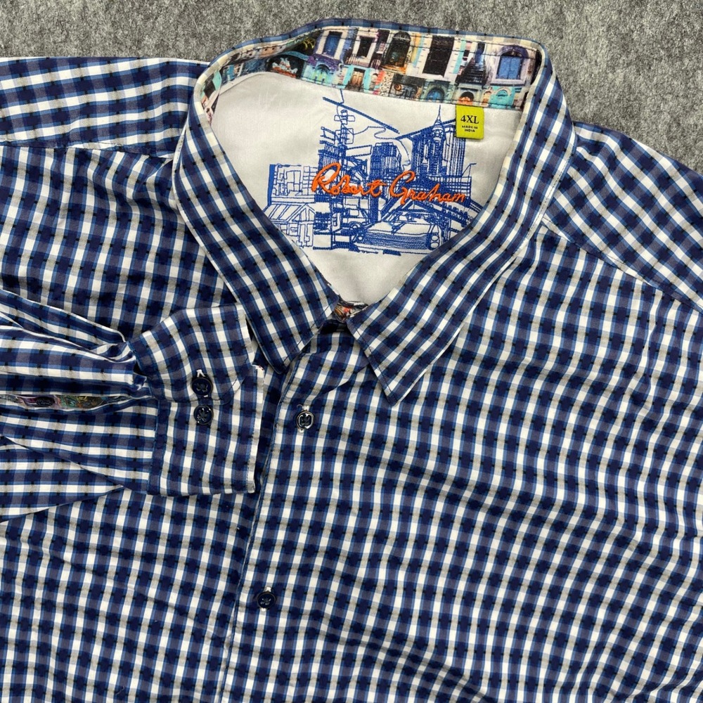 Robert Graham Shirt Mens 4XL Blue White Gingham Check Long Sleeve Button Down